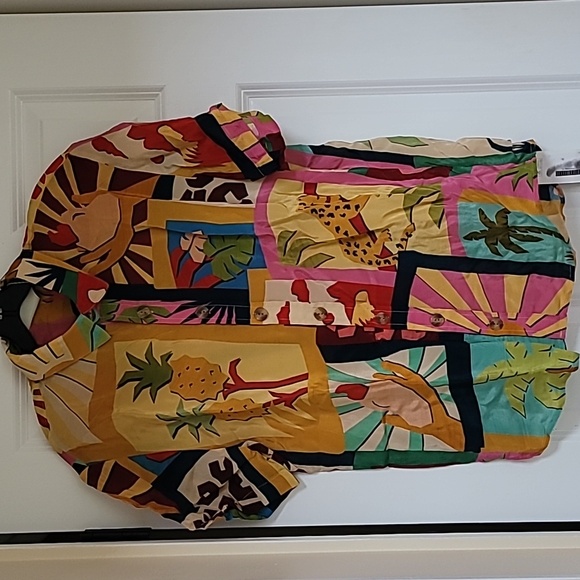 FARM Rio Tropical Collage Pajama Shirt Silky Viscose Blouse - Picture 3 of 13